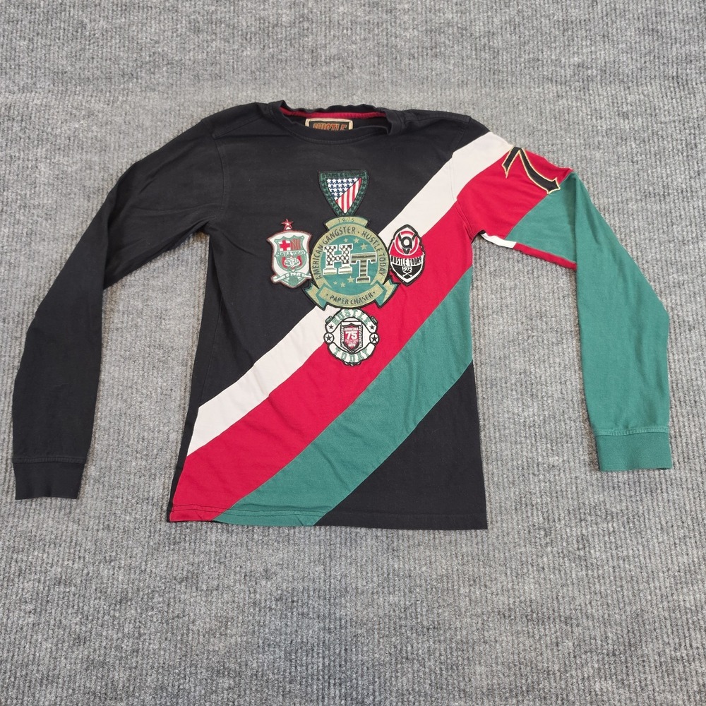 Hustle Today Mens L Long Sleeve Shirt Black Green Red Patches 21x28 Slim Fit